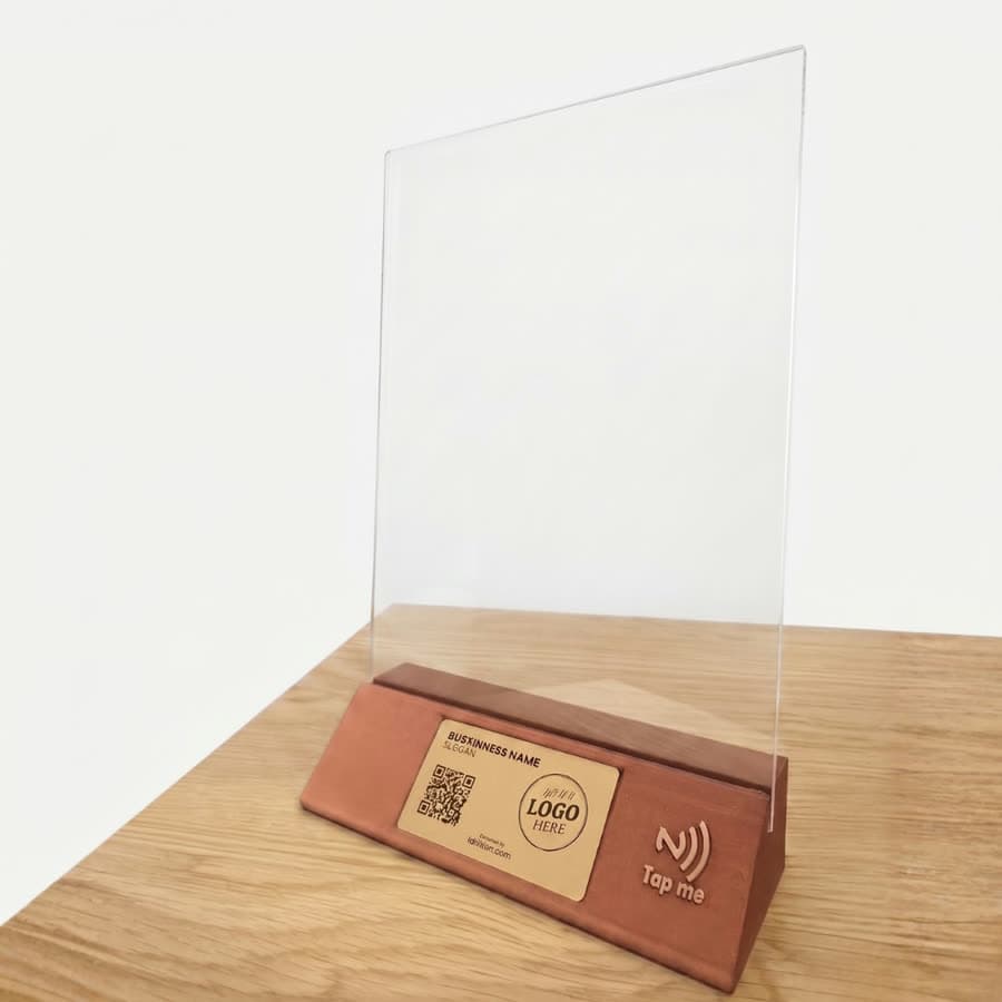 A table sign holder with the logo plate and QR code on the base